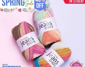YARNART JEANS CRAZY - Multicolor Knitting Yarn, Baby Yarn, Amigurumi, Blanket Yarn, Acrylic, Summer Yarn, 55% Cotton, 1.76 Oz, 174.98 Yds