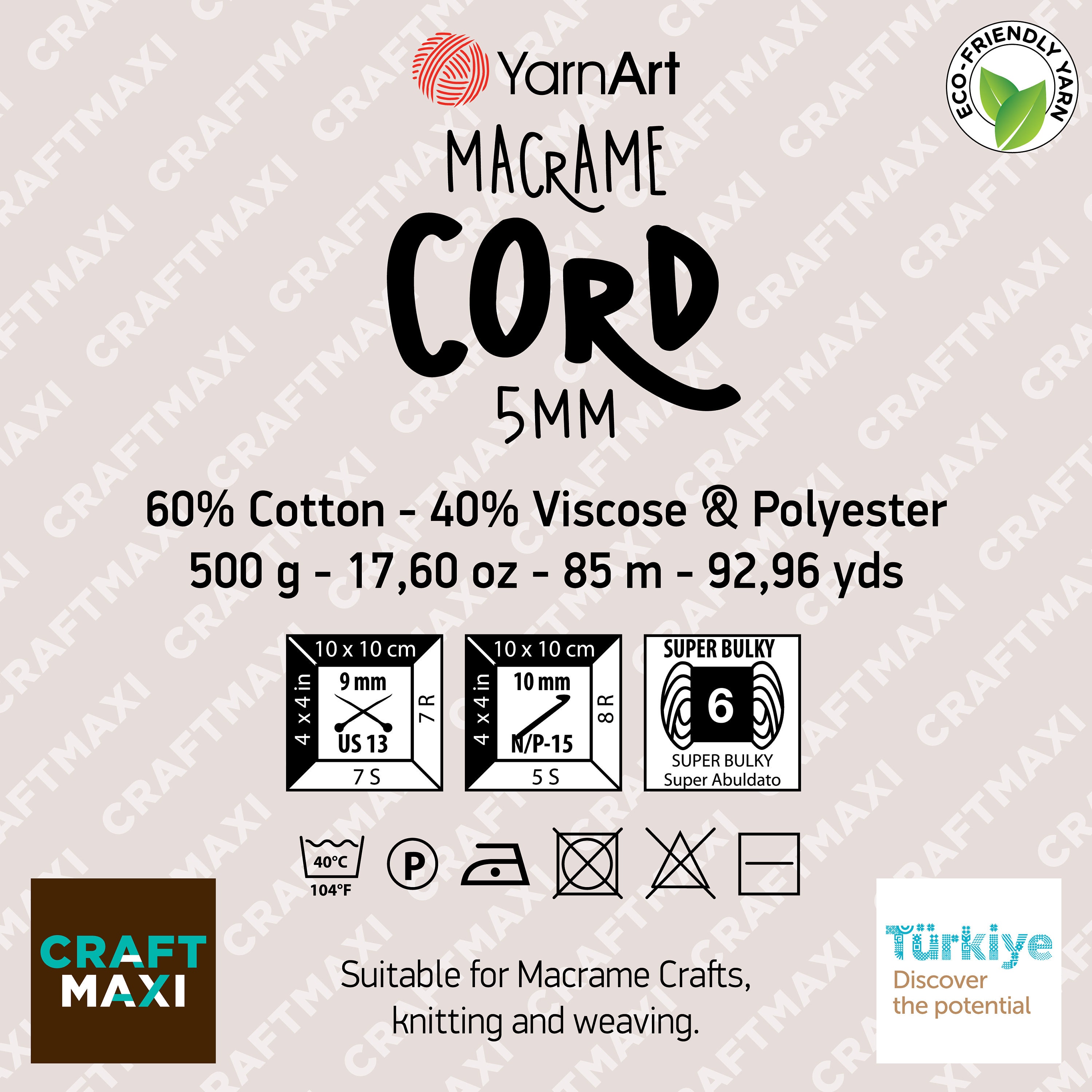 YarnArt Macrame Cord 5mm 60% cotton, 40% viscose and polyester, 2 Skein  Value Pack, 1000g, code YAMC5 YarnArt