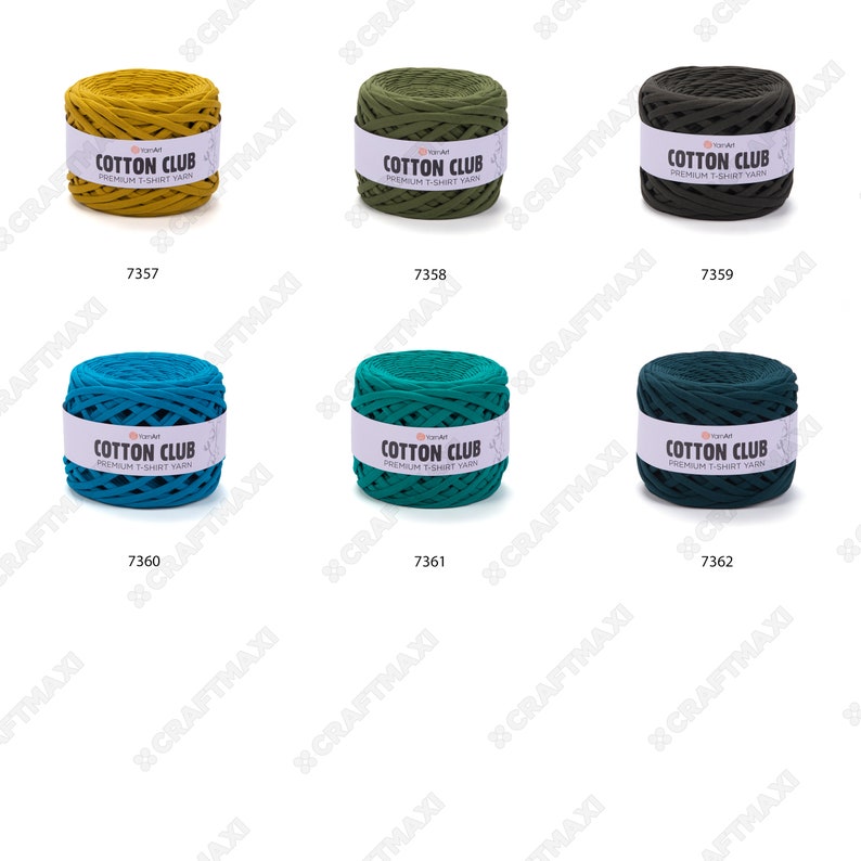 May include: Six spools of Cotton Club premium t-shirt yarn in various colors: mustard yellow, olive green, dark green, teal blue, dark teal green, and dark forest green.