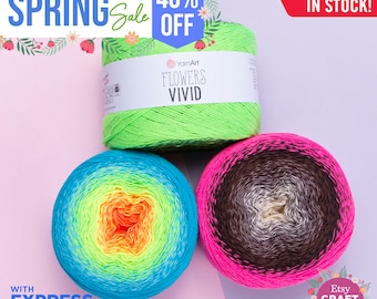 YARNART FLOWERS VIVID - Multicolor Knitting Yarn, Summer Yarn, Crochet Shawl Yarn, Cake Yarn, Neon Colors, 55% Cotton, 8.80 Oz, 1093.60 Yds