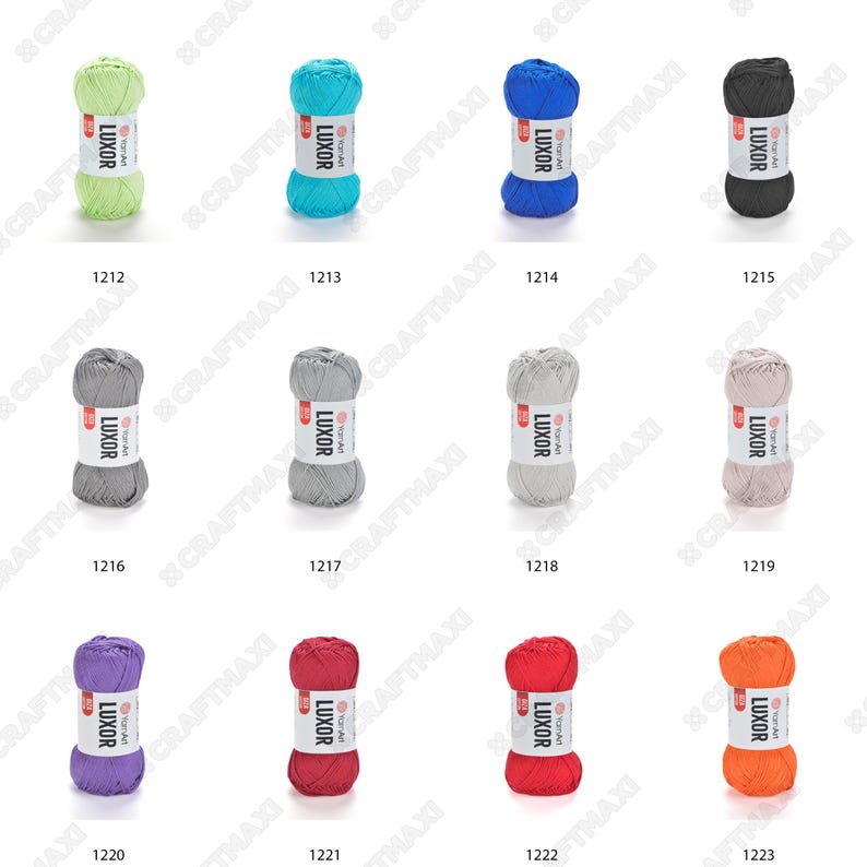 May include: Assortment of 10 balls of yarn in various colors, including green, blue, black, gray, pink, purple, red, and orange. Each ball is labeled with the brand name "LUXOR" and a number.