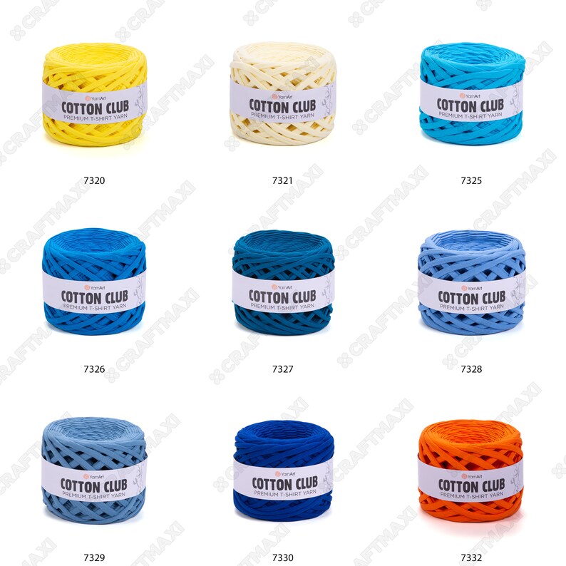 May include: Nine balls of yarn in various colors, including yellow, cream, blue, teal, and orange. Each ball is labeled "Cotton Club Premium T-Shirt Yarn".