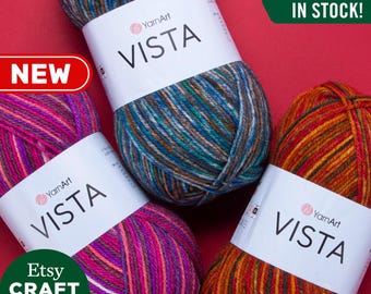 YarnArt Vista: ウール混紡のセルフパターンマルチカラーソックス、糸編み、かぎ針編み、ソフトな冬物