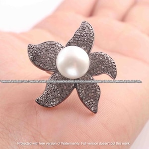 Pave Diamond Mother of Pearl Flower Ring - Handmade Band Ring with MOP Gemstone. Elegant and Versatile, Perfect as a Wedding or Promise Ring