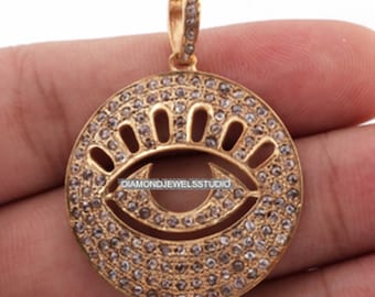 Handmade 14k Gold Pave Diamond Evil Eye Pendant-disc shape Nazar, Malocchio, Buri Nazar: Negative Energy Remover - Unique Protective Jewelry