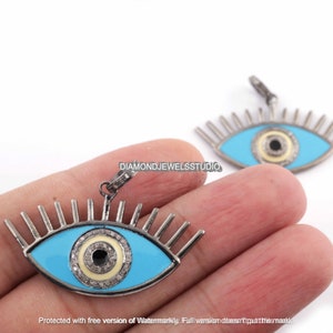 Unique Handmade Evil Eye Pendant-Turquoise and Enamel Charm with Pave Diamond - Sterling Silver Finish - Boho Jewelry for a Spiritual Touch.