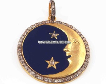 Enchanting Moon & Star Pendant - Diamond Charm - 14k Gold And Blue Enamel Disc Shape Pendant - Celestial Necklace - Unique Enamel Jewellery.