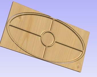 May include: A wooden serving tray with an oval shape and a center circle divided into six sections. The tray is made of light brown wood and has a natural wood finish.