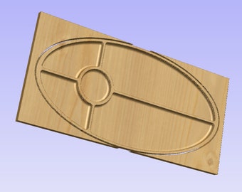 May include: A wooden serving tray with an oval-shaped cutout and a smaller circular cutout in the center. The tray is divided into five sections by lines.