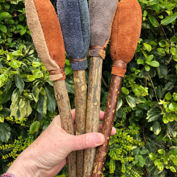 Hand Crafted Shamanic Drum Beater, Suede head, Hazelwood staff