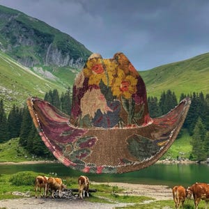 Puede incluir: Un sombrero de vaquero con un estampado floral en tonos amarillos, rosas y verdes. El sombrero se encuentra frente a un paisaje de lago, montañas y vacas.