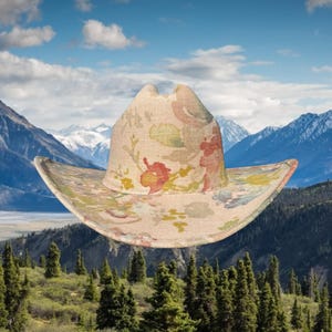 Puede incluir: Sombrero de vaquero beige con un estampado floral en tonos rojos, rosas, amarillos y verdes. El sombrero tiene un ala ancha y una forma clásica. El fondo muestra una cordillera y un cielo azul.
