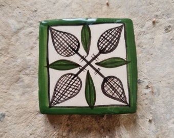 Tile "Medieval Four Leafs" handmade ceramic tile fired from light clay, hand-painted, glazed