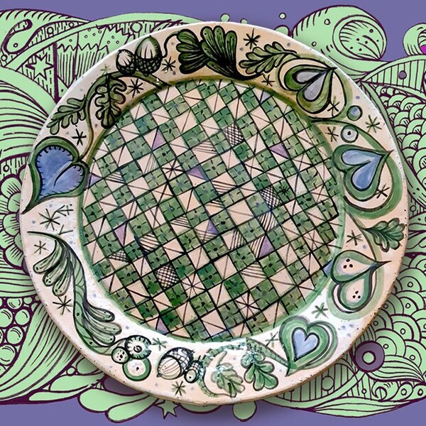 Assiette Assiette en céramique "Karo Green" en argile ocre, peinte et émaillée à la main avec amour, taille ∅ 23,5 cm