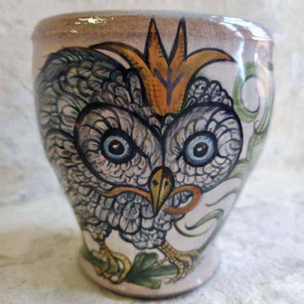 Vase "White Owl" is handmade and unique. The ceramic is fired from gray clay, lovingly hand-painted and glazed.