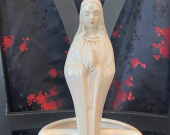 Vintage 40s Lusterware Madonna Planter Vase, Art Deco Religious Decor