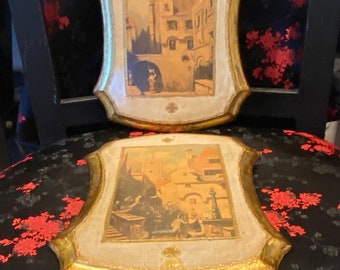 Vintage pair of Italian Florentine Country Scenery Framed Art