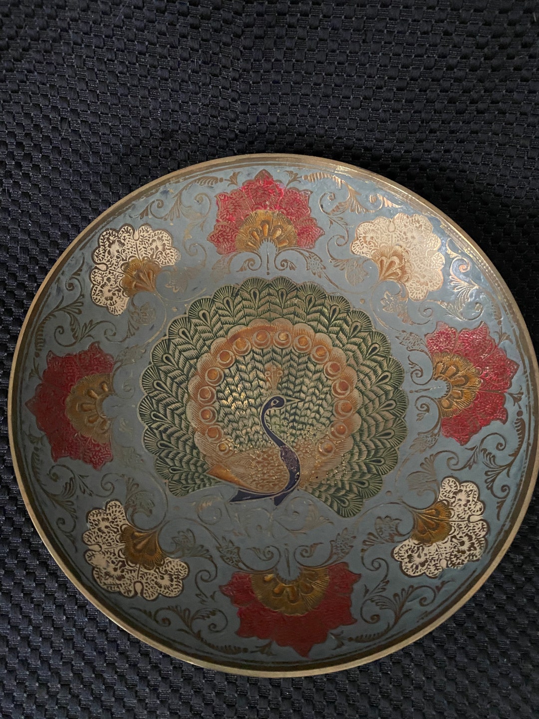 Vintage Enameled Brass Bowl Peacock and Floral Design Pedestal Bowl 8