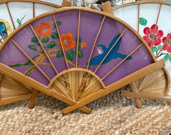 Vintage Oriental Bamboo Fan Hand Painted Asian Wall Hanging Rattan Flower Art.
