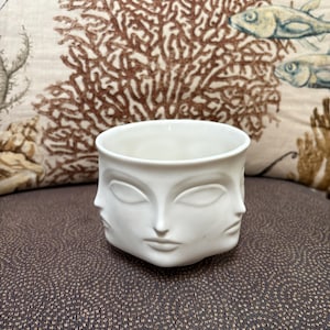 May include: A white ceramic planter featuring a sculptural design with multiple faces molded into the exterior surface. The vessel has a smooth, matte finish and a wide, circular opening at the top, showcasing a clean and uniform aesthetic.
