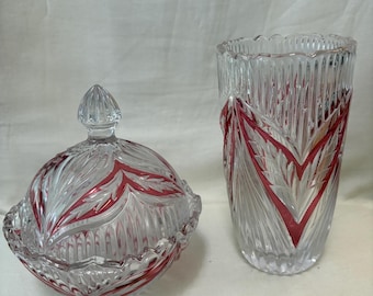 Vintage Anna Hutte Crystal Vase and Candy Dish Set – Red Detail Bleikristall Germany.