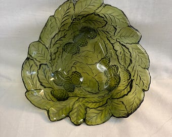 Vintage Indiana Glass candy dish Loganberry pattern vibrant green color leaf design.