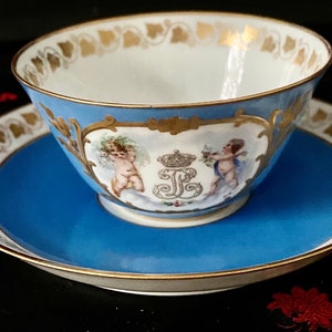 Vintage Antique Bright blue Sevres Porcelain Tea set. Porcelain Cup and Saucer in blue and gold garland Chateau de St Cloud. Beautiful!RARE!