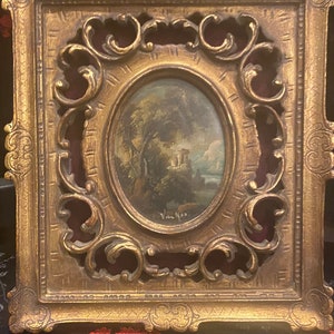 Vintage Miniature Van Ros signed original oil painting on ornate florentine and velvet reticulated frame. Beautiful and Rare