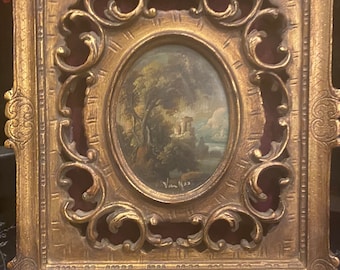 Vintage Miniature Oil Painting, Van Ros Signed, Florentine Gold Frame
