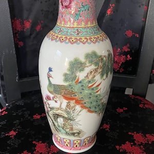 Antique Tall CHINESE FAMILLE Rose porcelain Peacock cherry blossom vase with Chinese writing on back. Stamped. Beautiful perfect