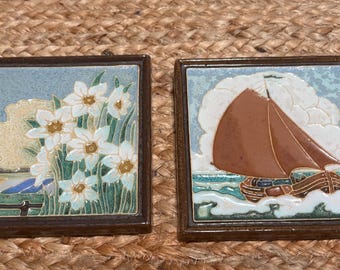 Vintage Royal Delft Cloisonné Tiles, Boat and Daffodils Scenes, Netherlands 1920s-1940s. Sold separately.