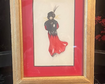 Vintage Victorian woman KLIMT-like watercolor print framed red and black matted Florentine frame. Very pretty!