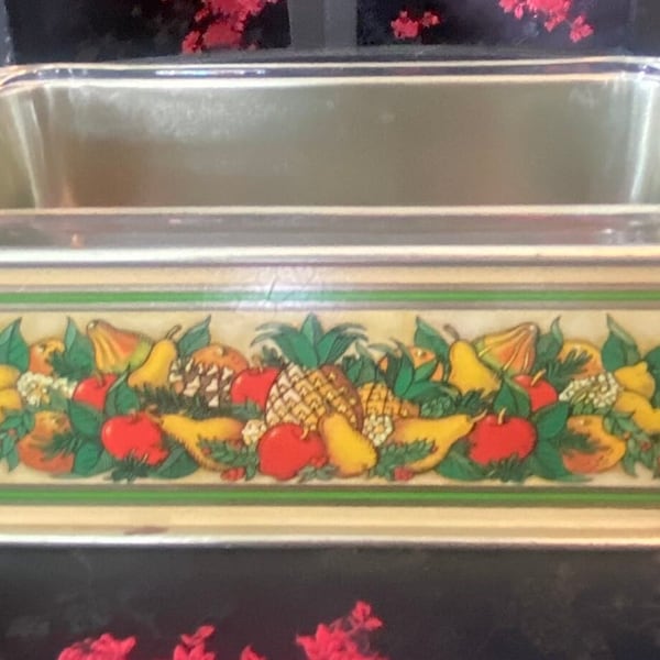 Vintage Pyrex loaf pan clear with Teleflora metal fruit tin container
