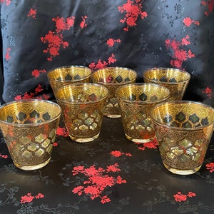Vintage (7) CULVER Valencia 22k Gold Gilded Lowball Rocks Glasses MCM Barware