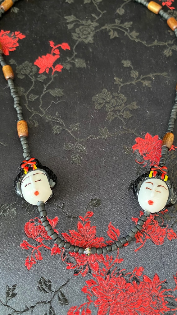 Vintage porcelain Geisha pendants wood beaded neck