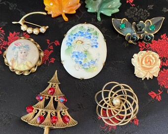 Vintage Brooch Pins, MYLU, Victorian, Porcelain, Avon, Pearl, Sequins
