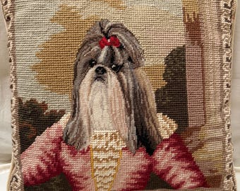 Vintage needlepoint pillow Shih Tzu dog portrait with a red bow and velvet backing, down filled.