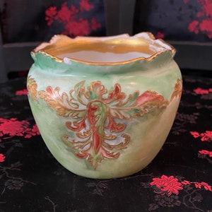 Vintage Green Glass Hand Painted Bowl T&V France stamp. Very unique!
