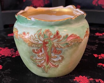 Vintage Green Glass Hand Painted Bowl T&V France stamp. Very unique!