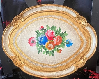 Vintage Florentine Tray: Handpainted Floral Gold Wood, Made in Italy