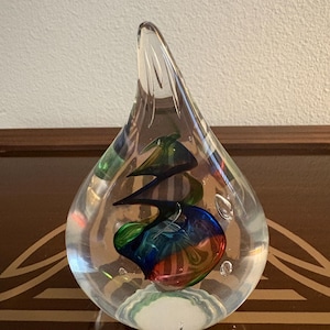 Vintage Adam Jablonski Teardrop Art Glass Paperweight, Swirl Bubble Signed AJ