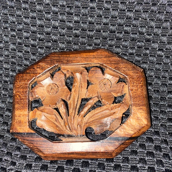 Vintage carved natural wood brooch with flowers, octagon shape