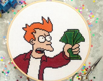Hand Embroidered Frame Cross Stitch Fry Futurama Shut Up And Etsy Israel