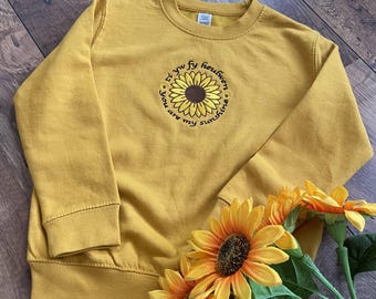 Embroidered Sunflower Jumper "You Are My Sunshine"  "Ti yw fy Heulwen" Cozy Gift for Her Handcrafted Floral Sweater Unique Sunflower Design