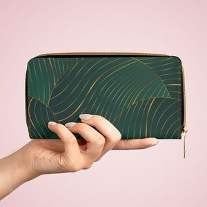 ART DECO Emerald & Gold Zipper Wallet, Custom Made Faux Leather Purse 7.87" x 4.33" (20cm X 11cm)