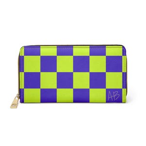 Cartera personalizada con cremallera de cuadros verdes y morados, estilo dopamina, de piel sintética, 20 cm x 11 cm (7,87" x 4,33")