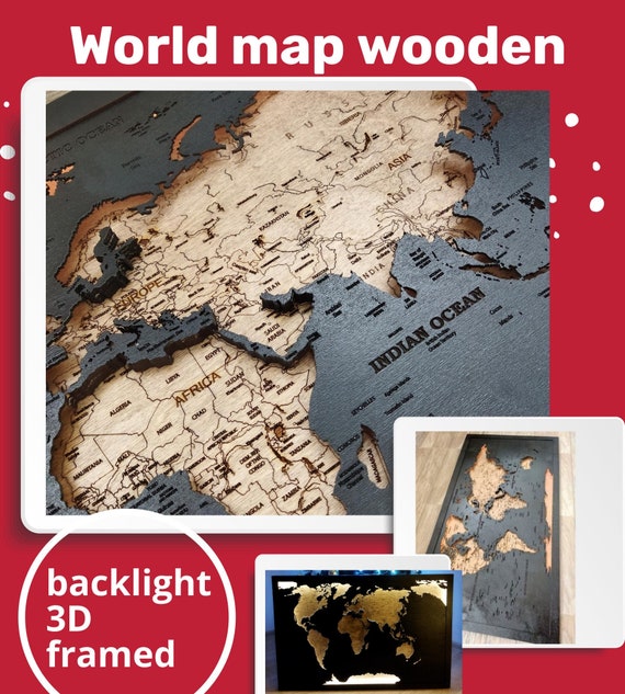 Wood Map/ World Maps/ Light up Map Wall/ Framed Map/ 3d Map/ Etsy
