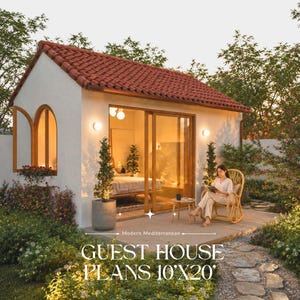 May include: A white guest house with a red tile roof, arched windows, and a glass sliding door. The text reads "GUEST HOUSE PLANS 10'X20'". A person sits in a wicker chair on a patio, reading a book. The style is Modern Mediterranean.