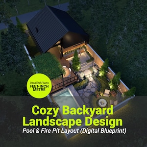 Diseño de jardín acogedor con piscina y fogata (Plano digital)