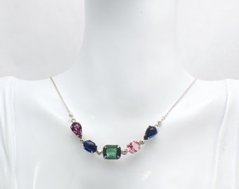 Handmade Multi Color, Multi Stone Vintage Crystal Necklace | Silver | Aurora Necklace